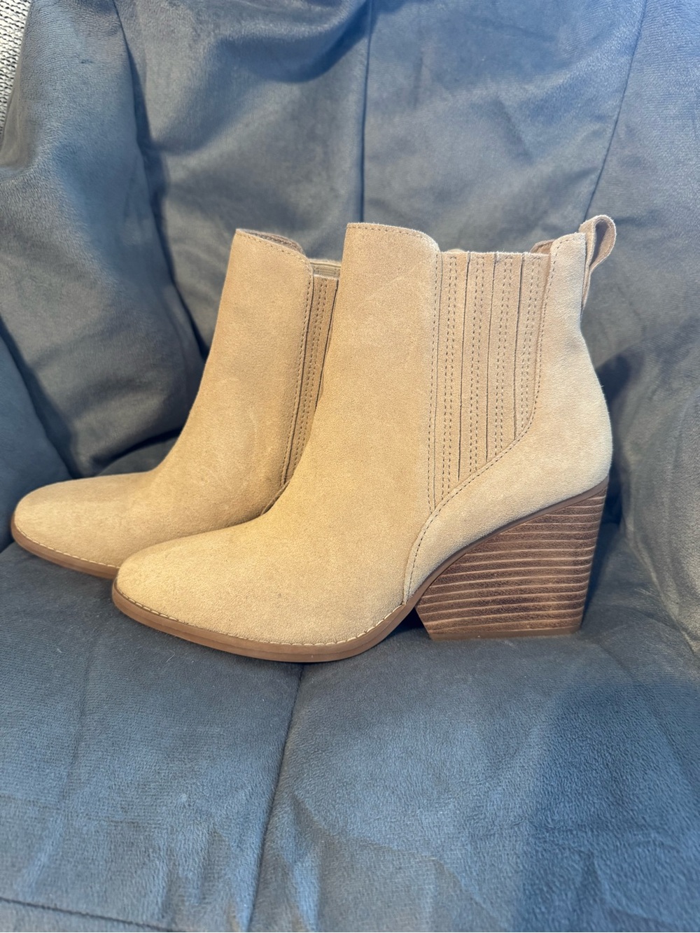 Toms Tan Suede Ankle Booties with Stacked Heel